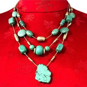 Chico’s blue sliced stone & silver beaded necklace multistrand southwestern Boho